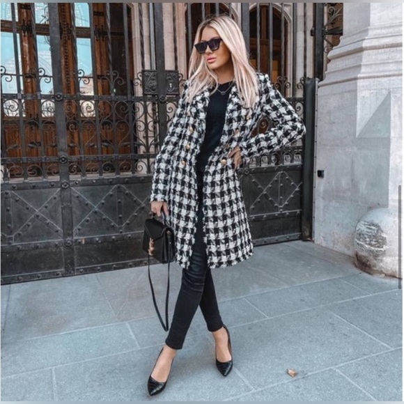 NWT Luxury Minimalist Zara Houndstooth Tweed Fringe Double Breasted Coat - Picture 6 of 17